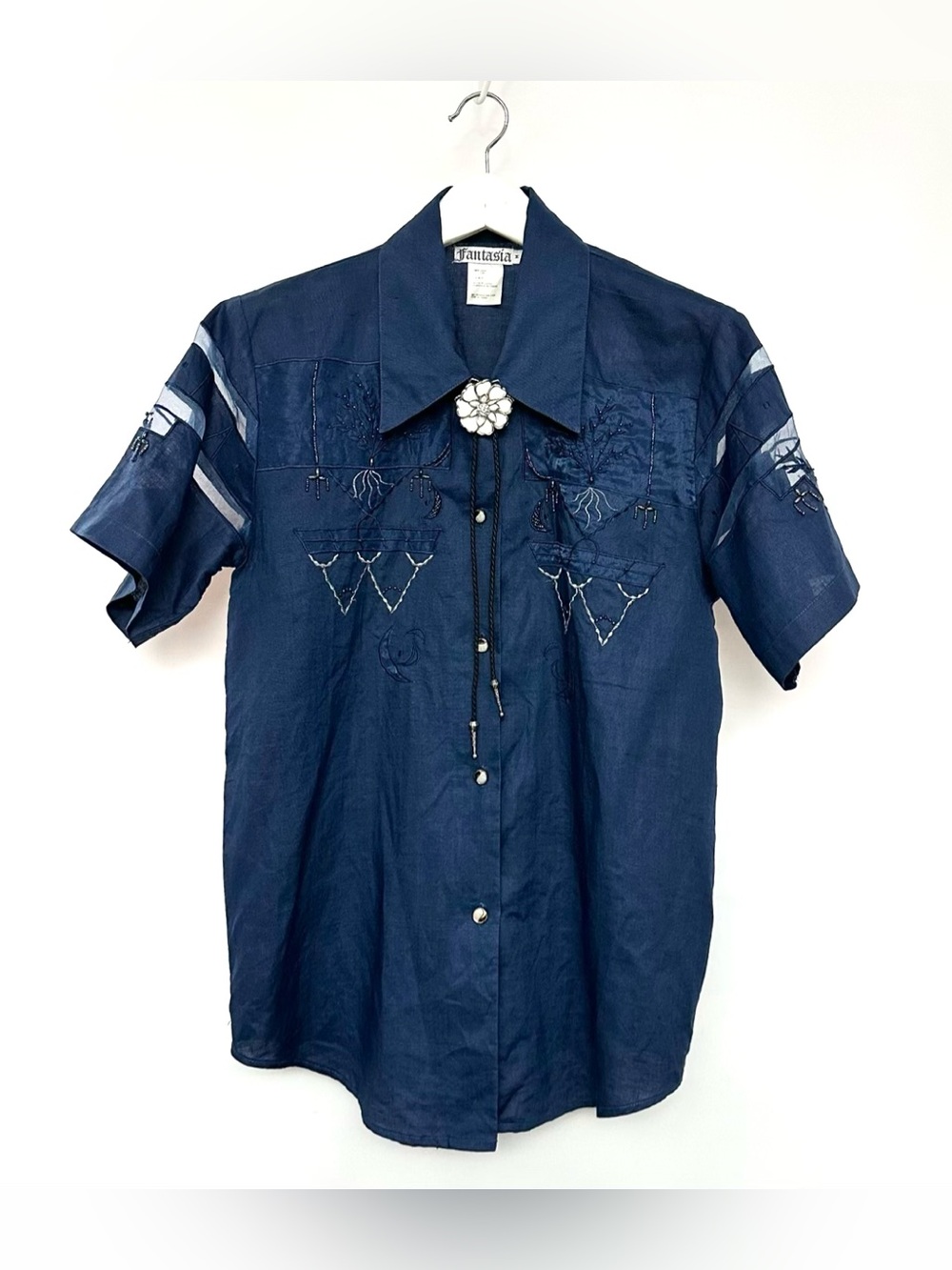 Navy Embroidered Western Shirt (bolo tie necklace Sold separately)